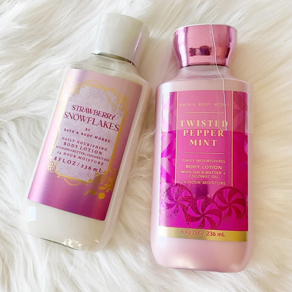 BBW Body Lotion Set of 2, Twisted Peppermint & Strawberry Snowflakes